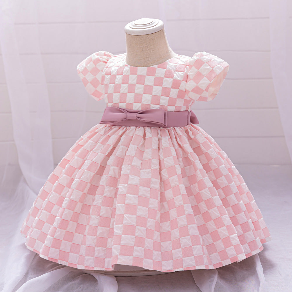 Checked Puff Sleeve Balloon Dress