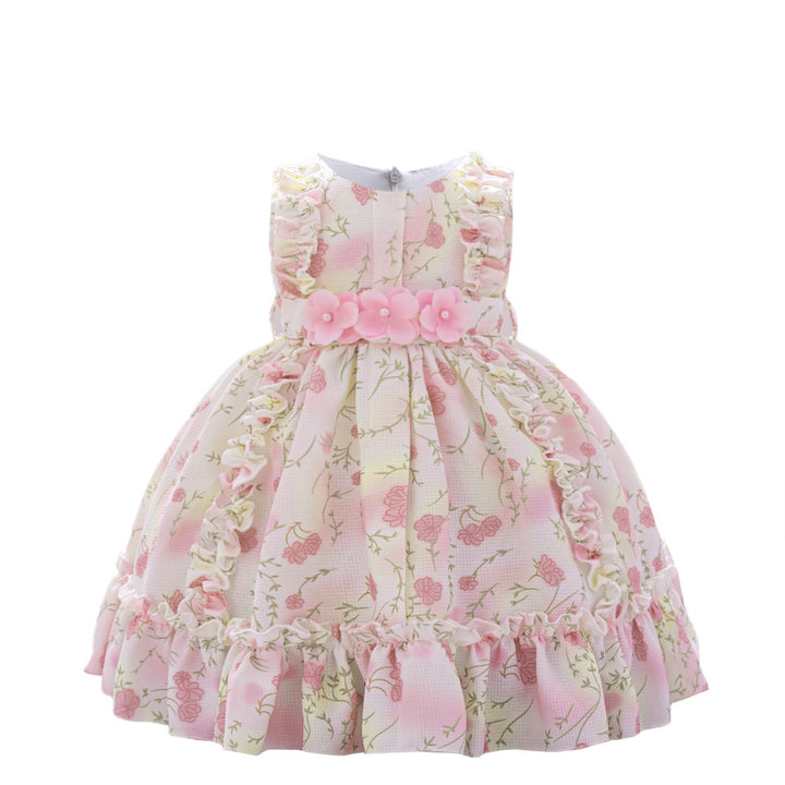 Floral Print Applique Balloon Dress