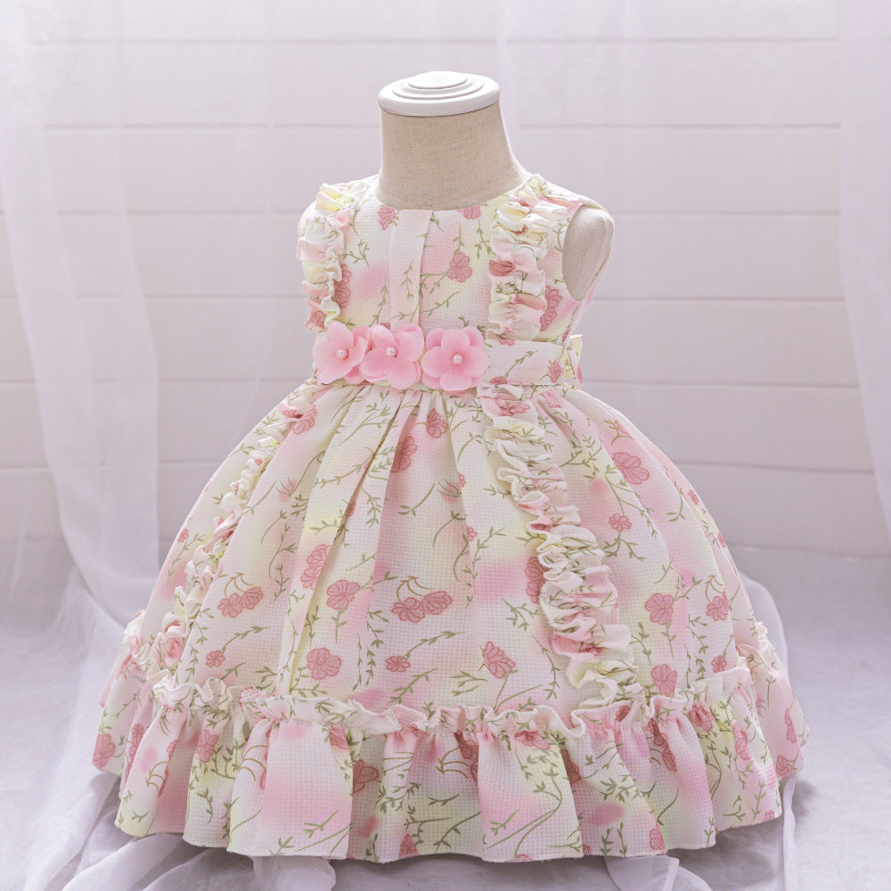 Floral Print Applique Balloon Dress