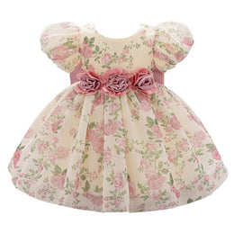 Girl Floral Print Puff Sleeve Chiffon A-Line Midi Dress