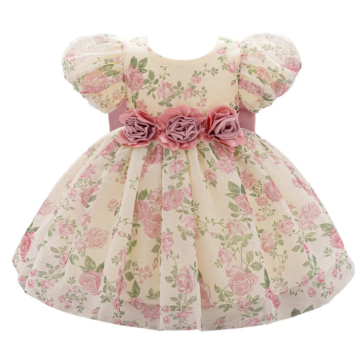 Girl Floral Print Puff Sleeve Chiffon A-Line Midi Dress