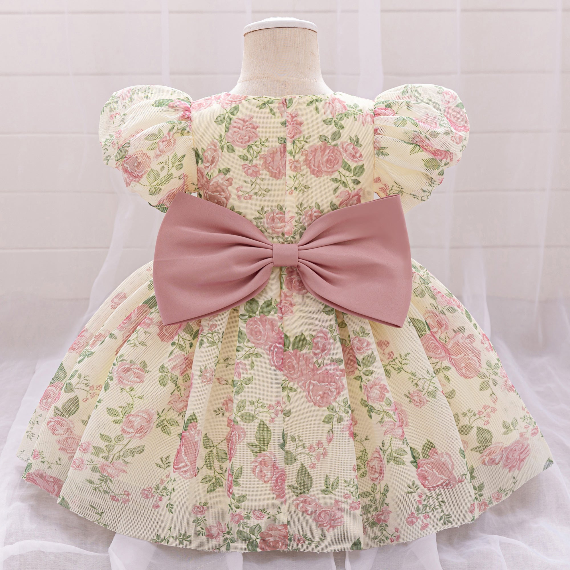 Girl Floral Print Puff Sleeve Chiffon A-Line Midi Dress
