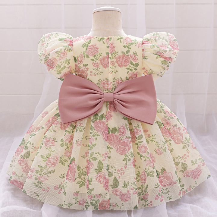 Girl Floral Print Puff Sleeve Chiffon A-Line Midi Dress
