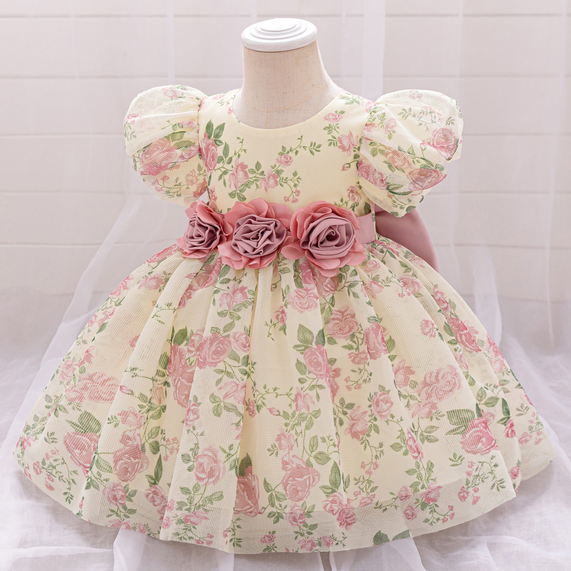 Girl Floral Print Puff Sleeve Chiffon A-Line Midi Dress