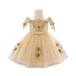 Girls Beige Floral Embroidered Fit & Flare Maxi Dress