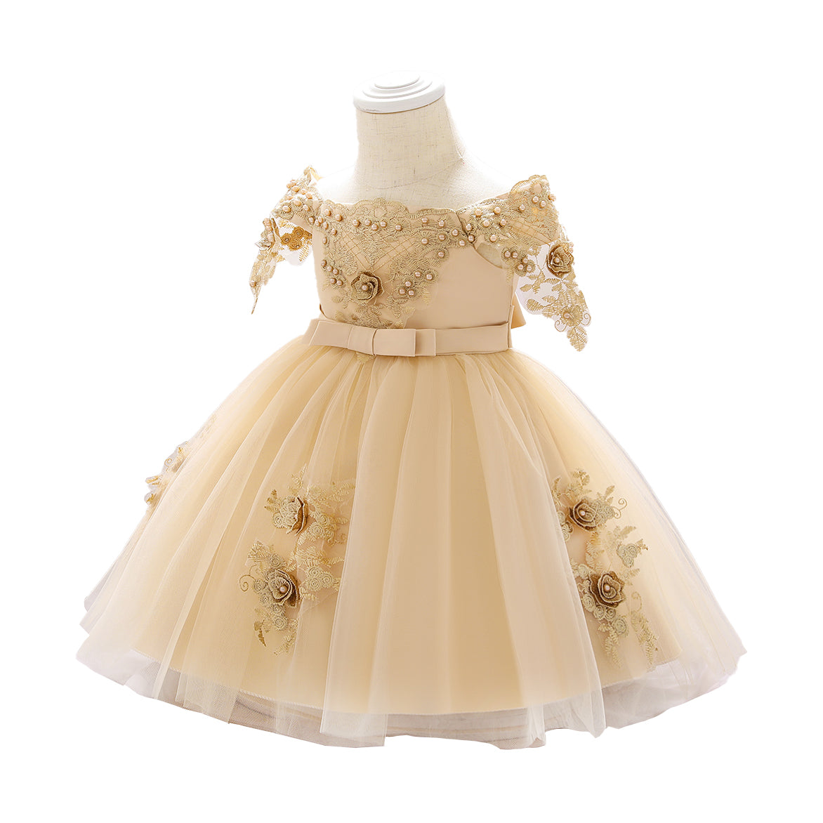 Girls Beige Floral Embroidered Fit & Flare Maxi Dress