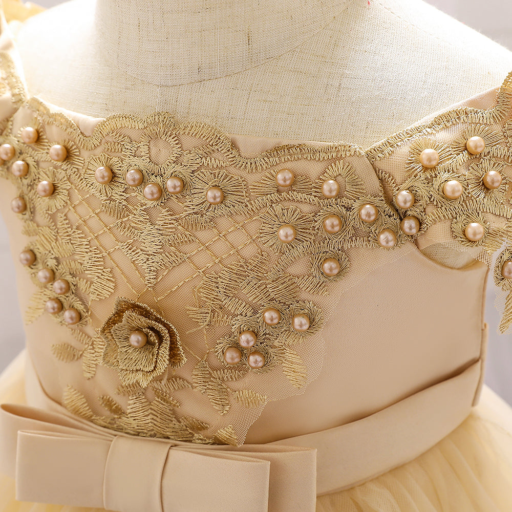 Girls Beige Floral Embroidered Fit & Flare Maxi Dress