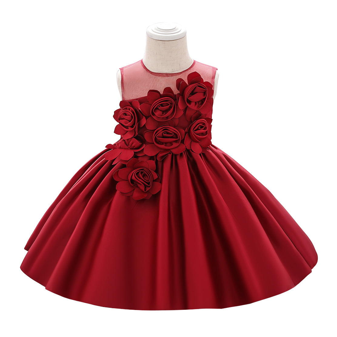 Girls Red Floral Round Neck Fit & Flare Dress