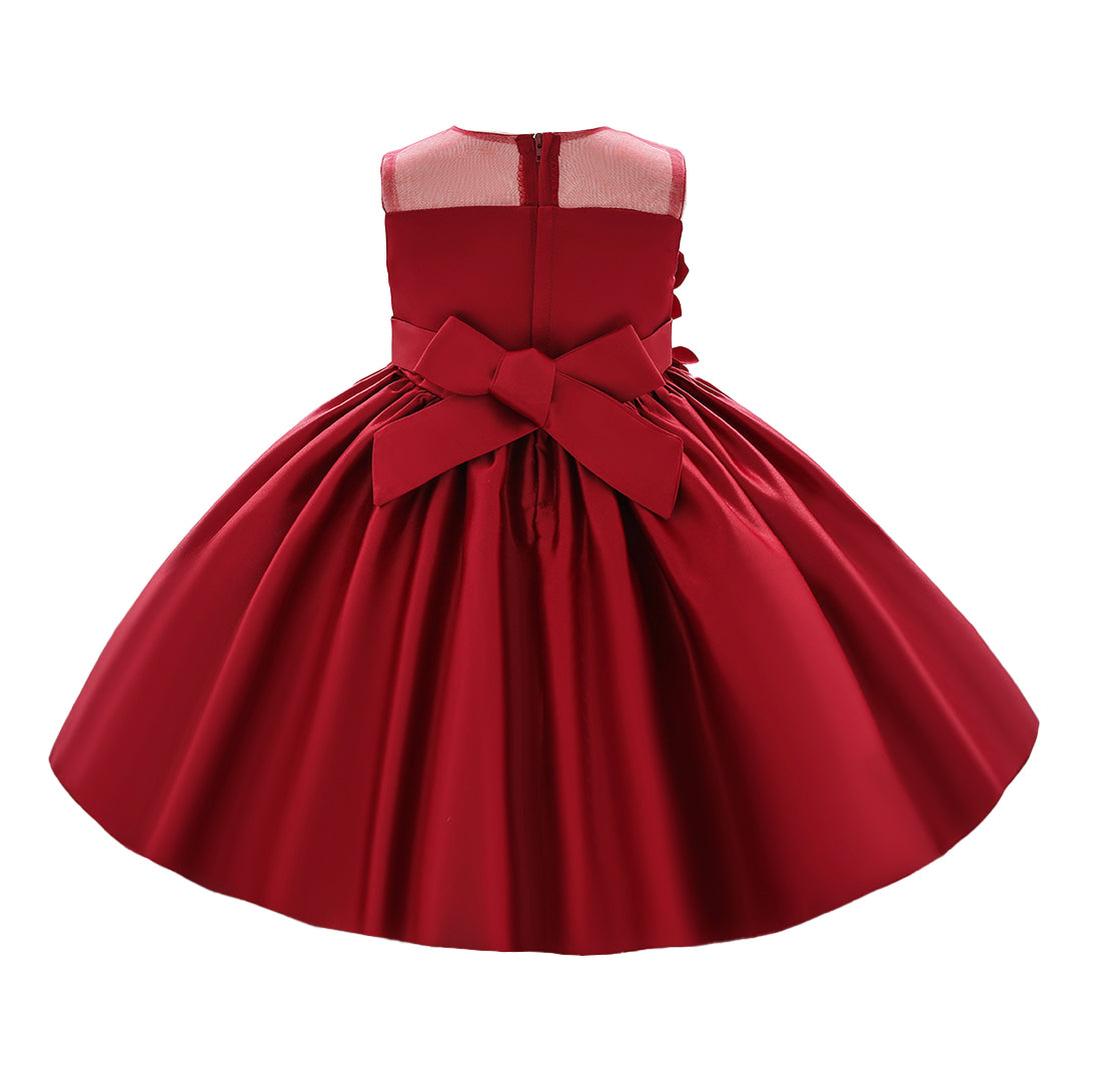 Girls Red Floral Round Neck Fit & Flare Dress
