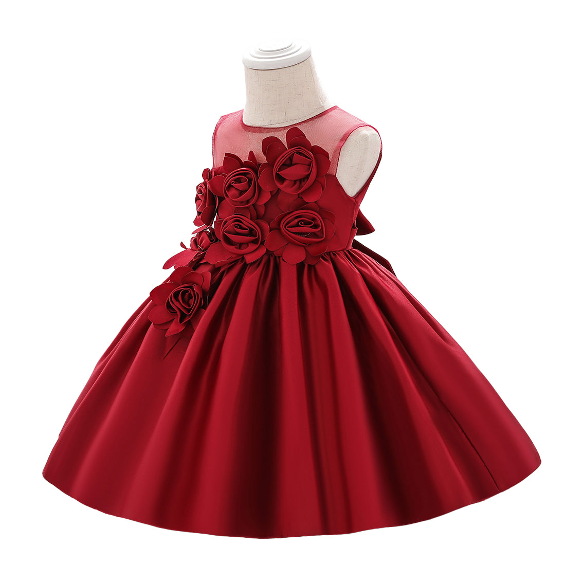 Girls Red Floral Round Neck Fit & Flare Dress