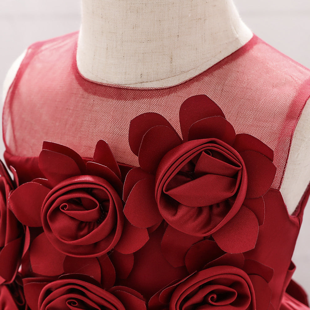 Girls Red Floral Round Neck Fit & Flare Dress