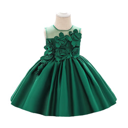 Girls Green Floral Applique Balloon Dress