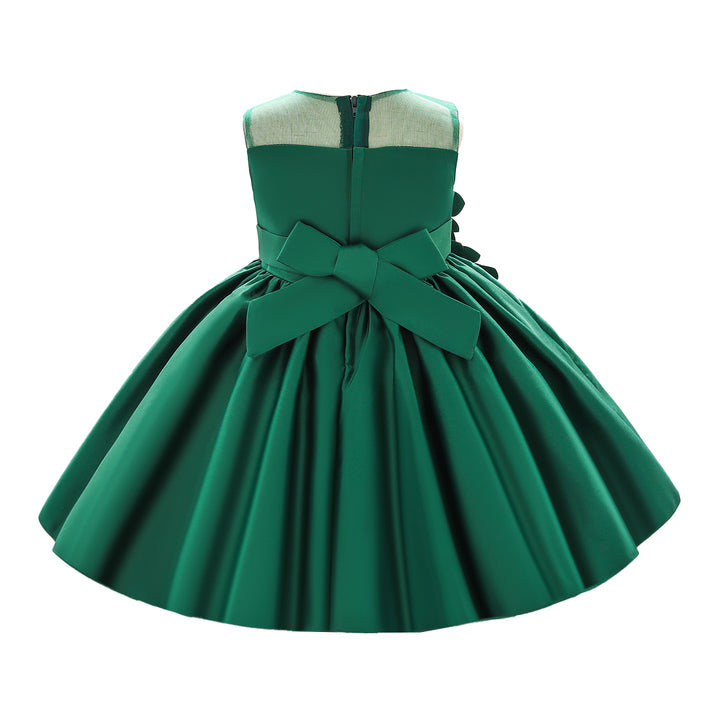 Girls Green Floral Applique Balloon Dress