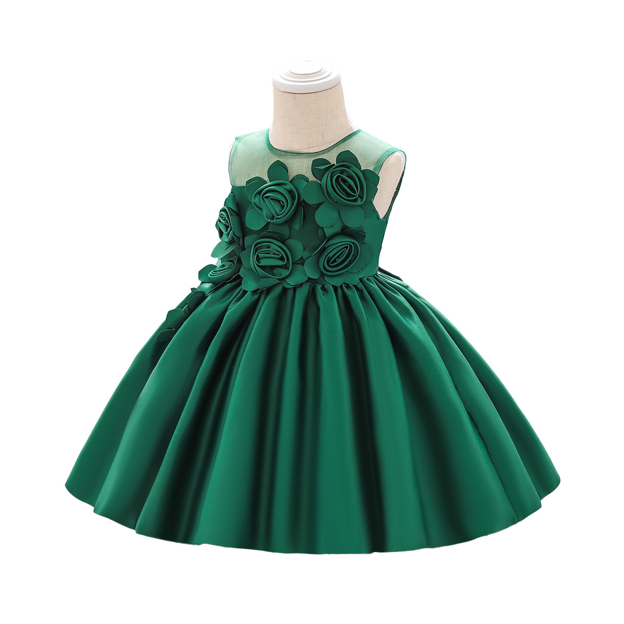 Girls Green Floral Applique Balloon Dress