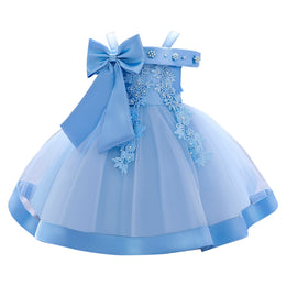 Blue & white Embellished Embroidered Cold-Shoulder Fit & Flare Dress