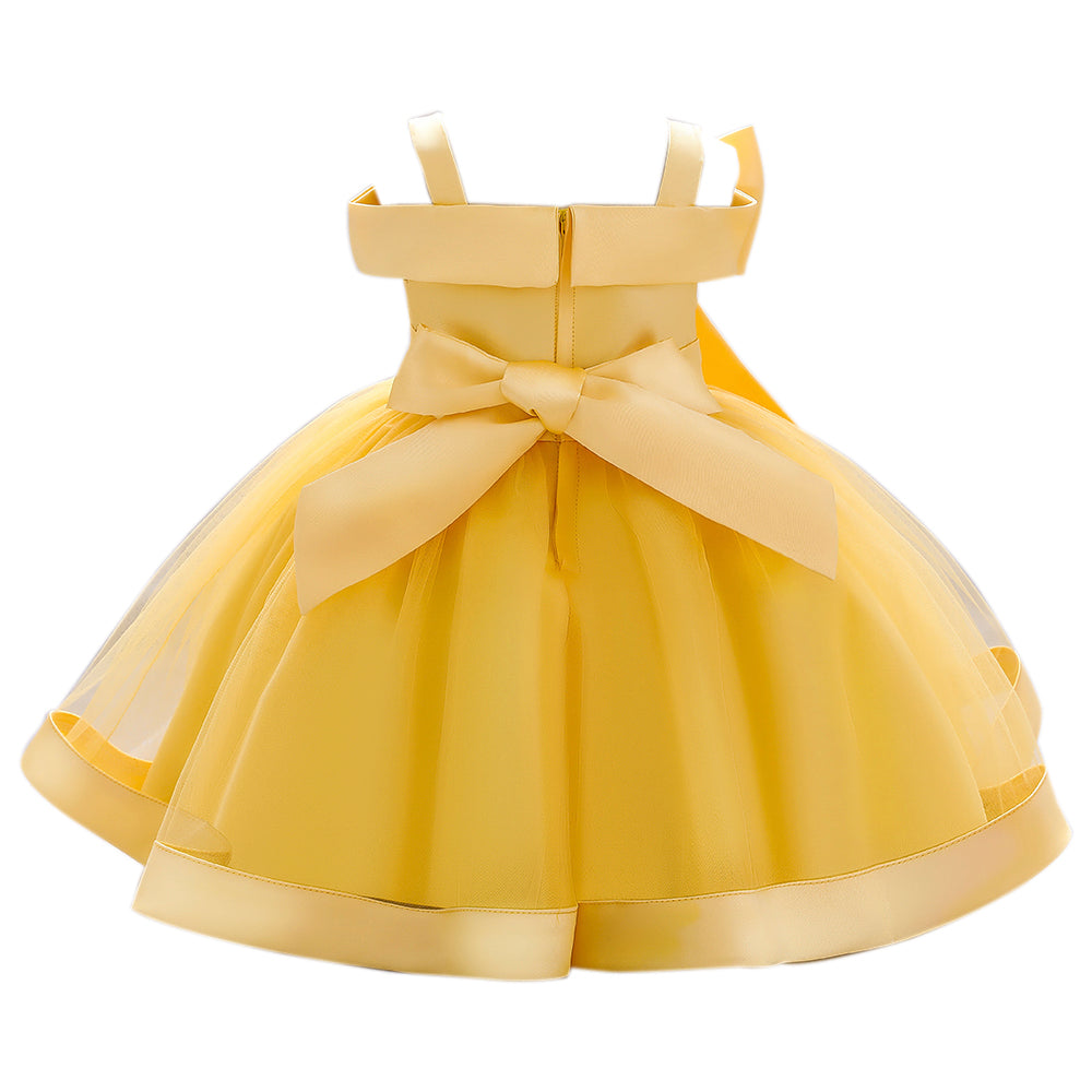 Girls Yellow Floral Embellished Shoulder Straps Fit & Flare Dress