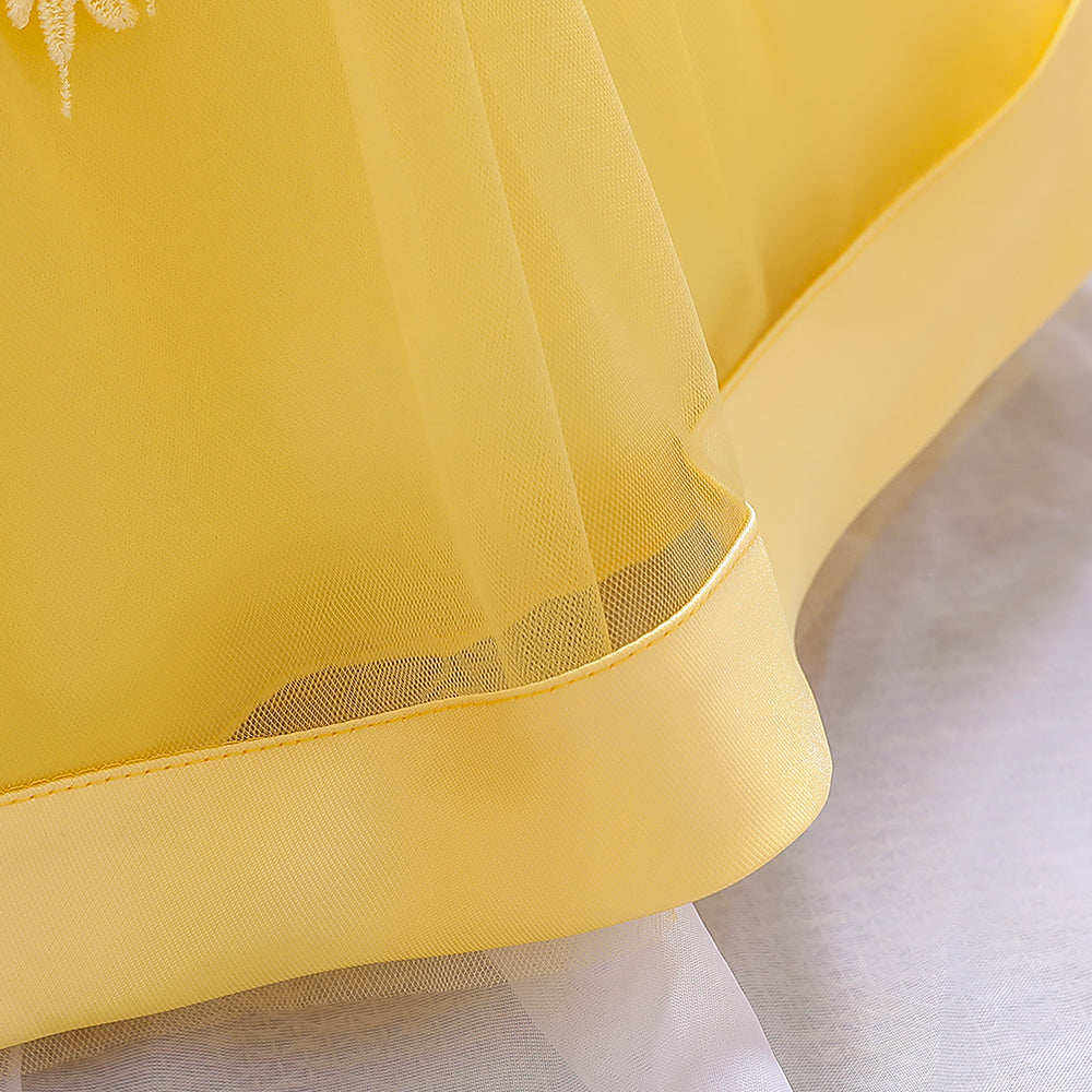 Girls Yellow Floral Embellished Shoulder Straps Fit & Flare Dress