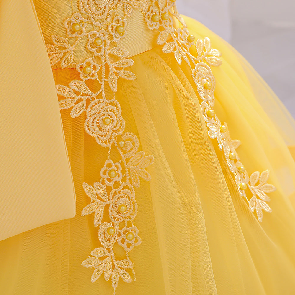 Girls Yellow Floral Embellished Shoulder Straps Fit & Flare Dress