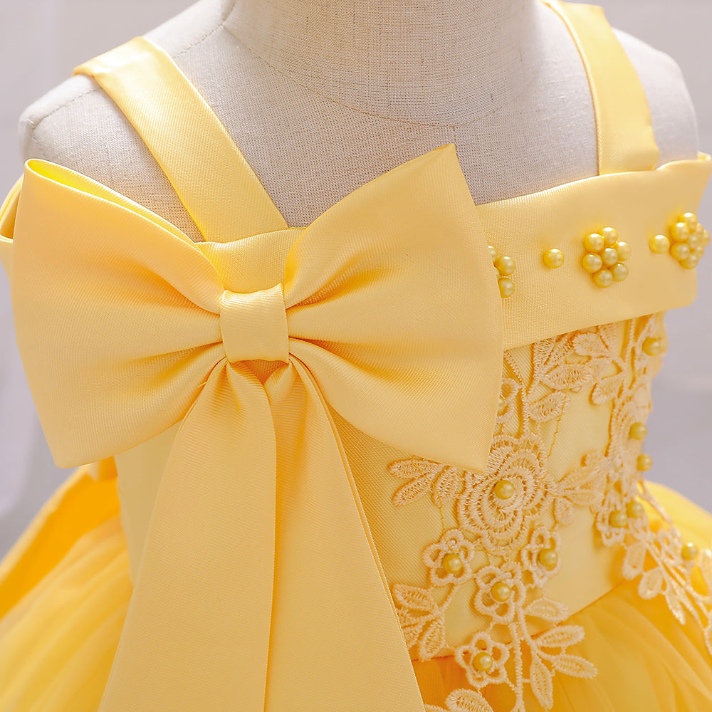 Girls Yellow Floral Embellished Shoulder Straps Fit & Flare Dress