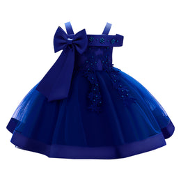 Girls Navy Blue Embellished Shoulder Straps Bow Detail Balloon Dress