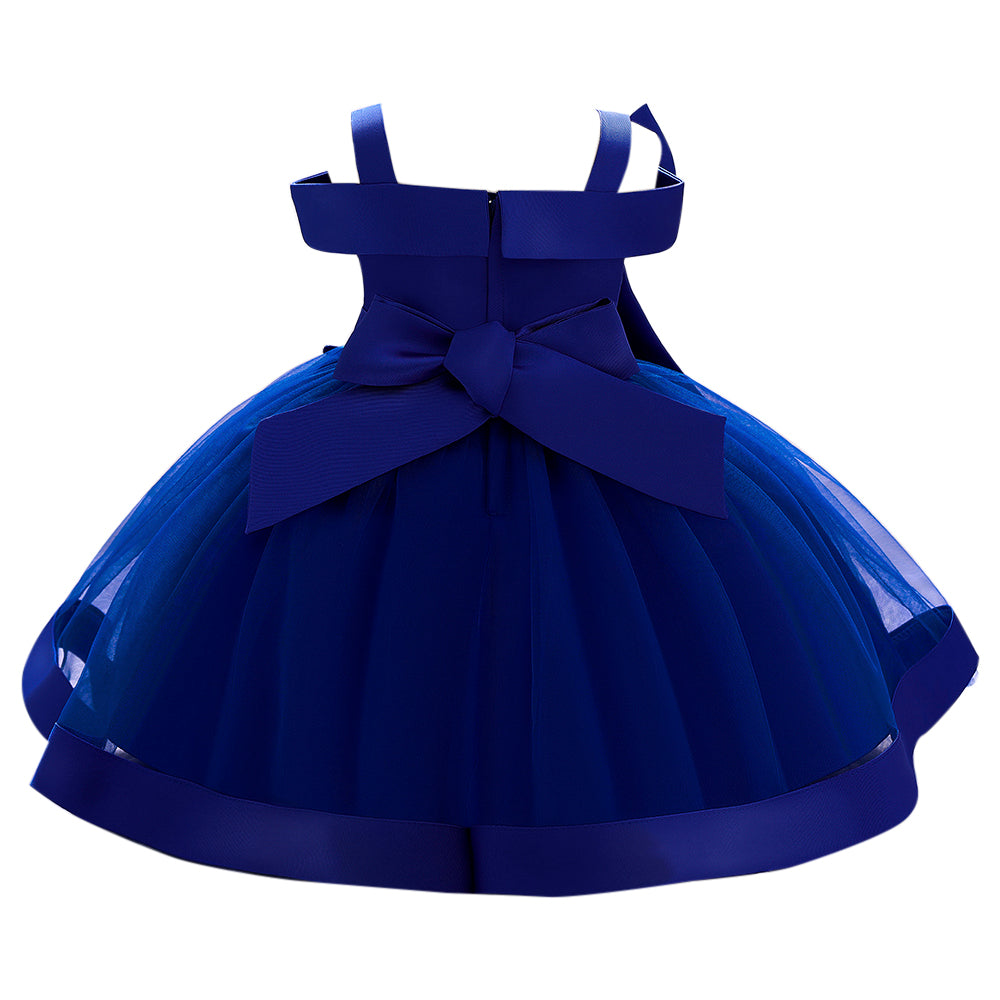 Girls Navy Blue Embellished Shoulder Straps Bow Detail Balloon Dress