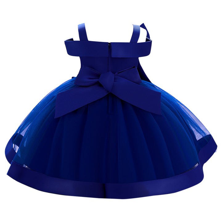 Girls Navy Blue Embellished Shoulder Straps Bow Detail Balloon Dress