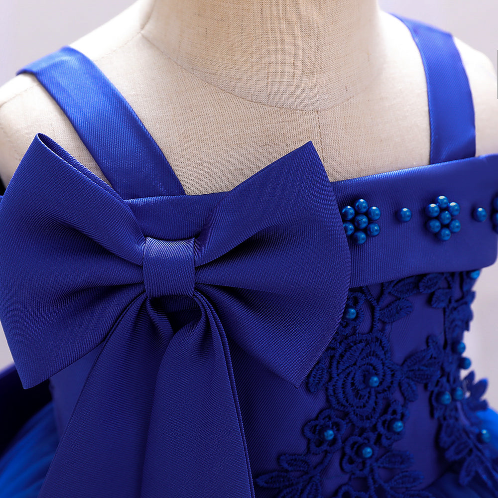 Girls Navy Blue Embellished Shoulder Straps Bow Detail Balloon Dress
