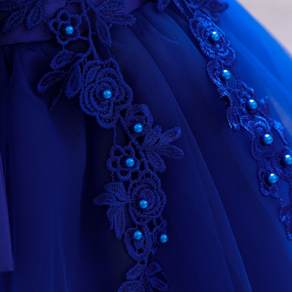 Girls Navy Blue Embellished Shoulder Straps Bow Detail Balloon Dress