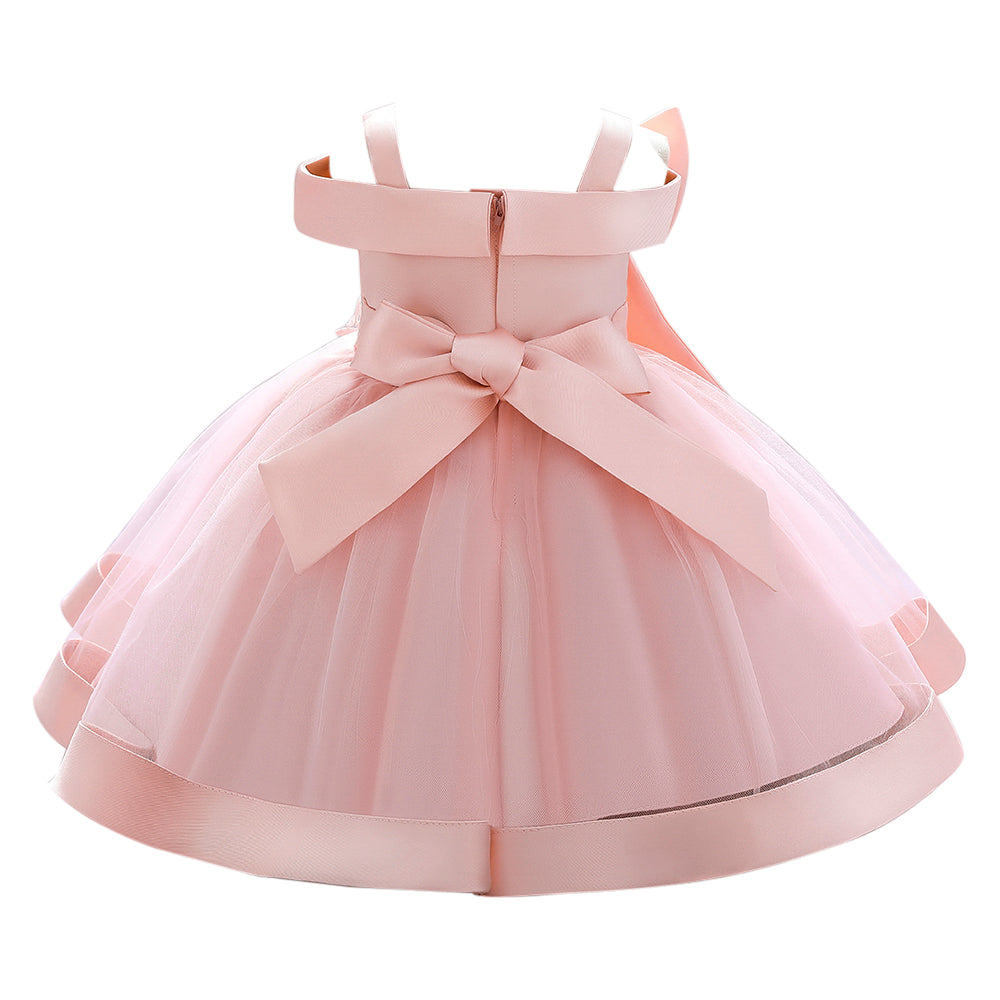 Girls Pink Embellished Bow Cold-Shoulder Fit & Flare Dress