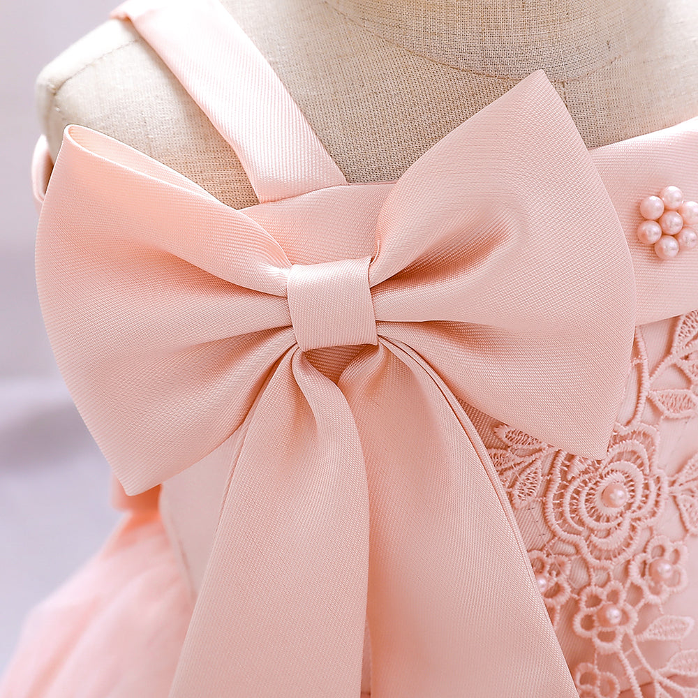 Girls Pink Embellished Bow Cold-Shoulder Fit & Flare Dress
