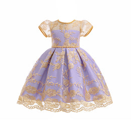 Girl Round Neck Puff Sleeves Net Fit and Flare Mini Dress