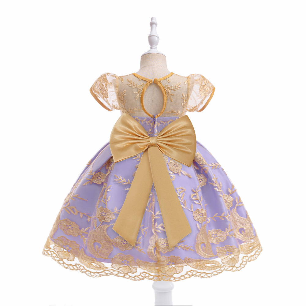 Girl Round Neck Puff Sleeves Net Fit and Flare Mini Dress