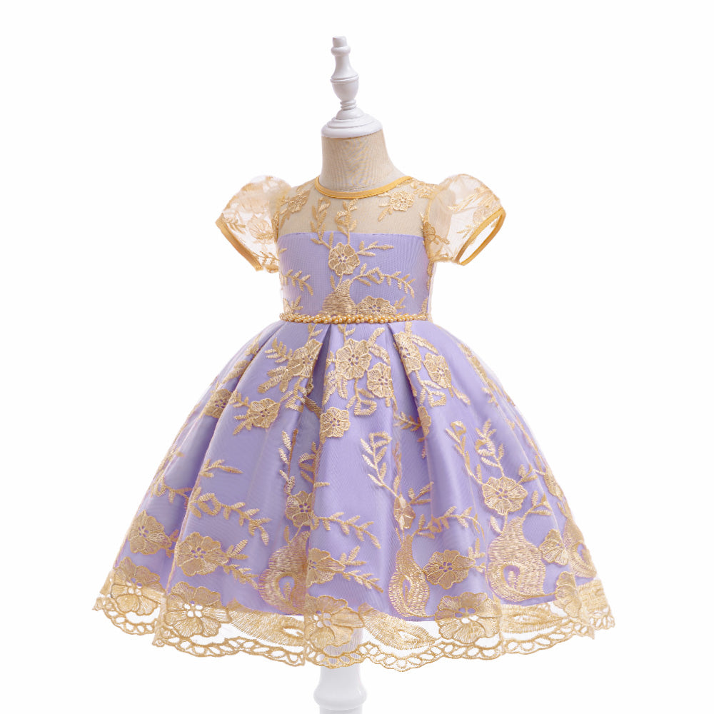 Girl Round Neck Puff Sleeves Net Fit and Flare Mini Dress
