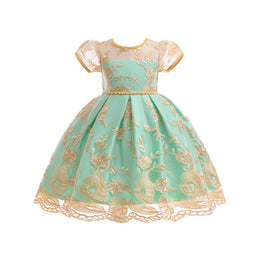 Girl Floral Embroidered Round Neck Net Fit and Flare Midi Dress