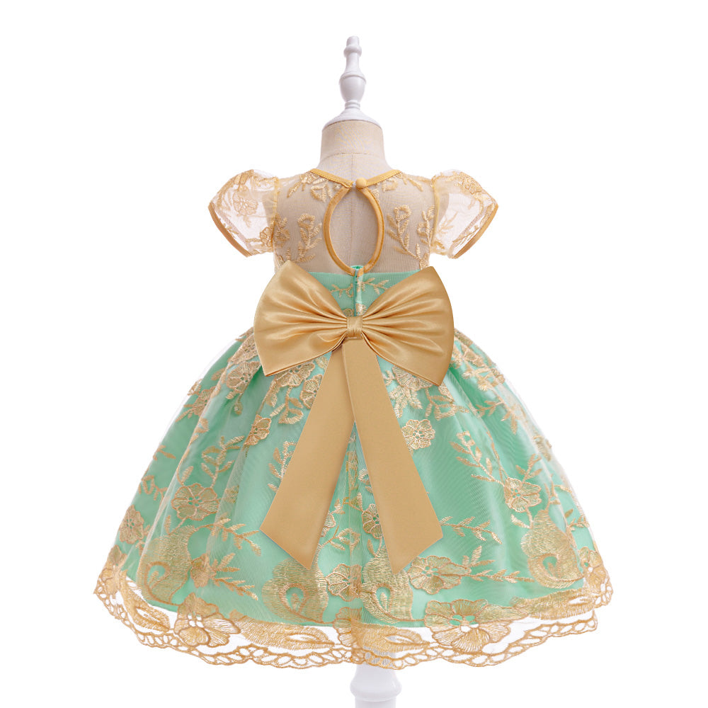 Girl Floral Embroidered Round Neck Net Fit and Flare Midi Dress