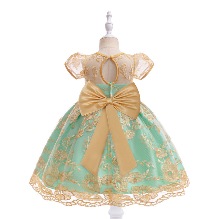 Girl Floral Embroidered Round Neck Net Fit and Flare Midi Dress
