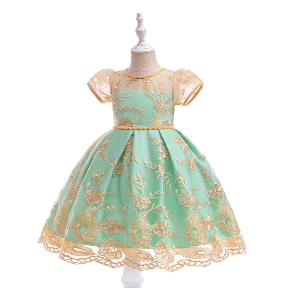 Girl Floral Embroidered Round Neck Net Fit and Flare Midi Dress