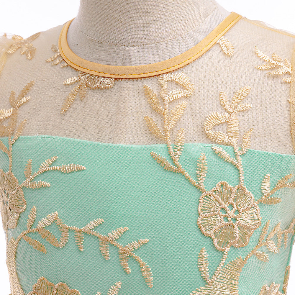 Girl Floral Embroidered Round Neck Net Fit and Flare Midi Dress