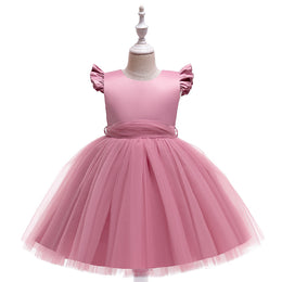 Girls Pink Flutter Sleeve Bow Gathered Net Balloon Dress