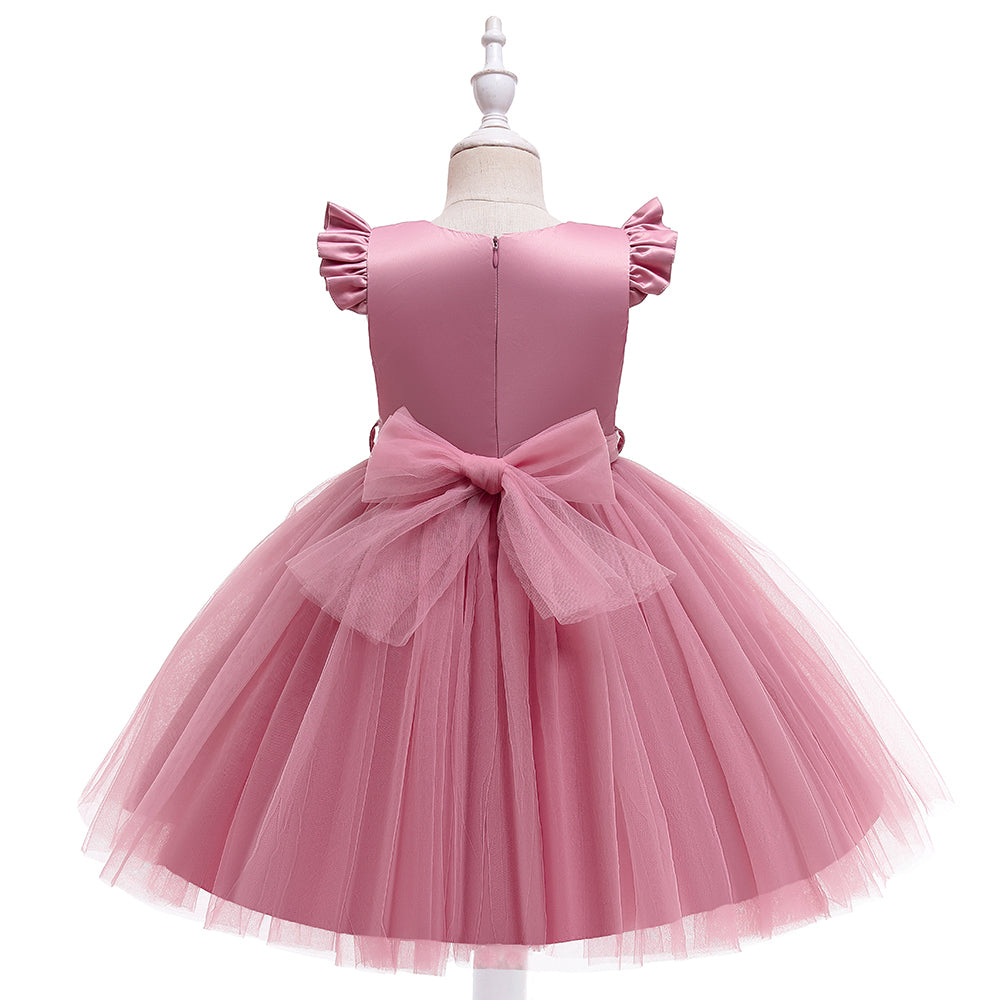 Girls Pink Flutter Sleeve Bow Gathered Net Balloon Dress