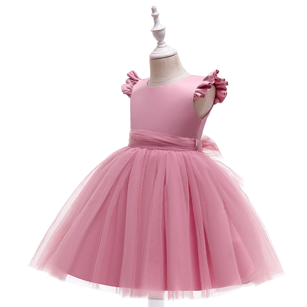Girls Pink Flutter Sleeve Bow Gathered Net Balloon Dress