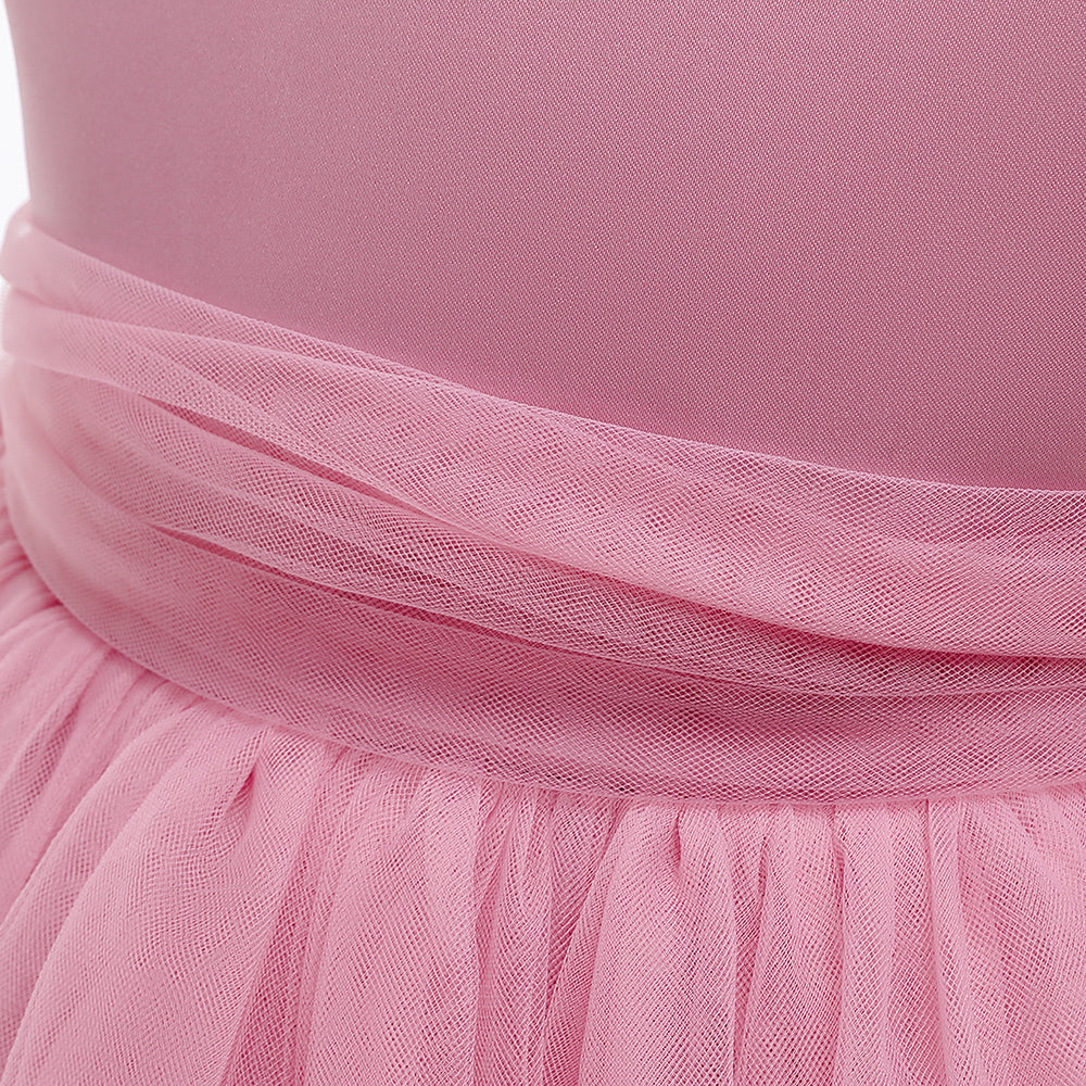 Girls Pink Flutter Sleeve Bow Gathered Net Balloon Dress