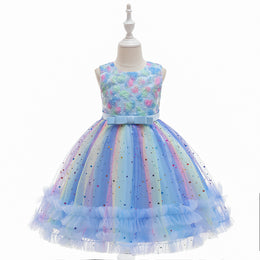 Girls Blue Floral Embellished Sleeveless Applique Party Balloon Midi Dress
