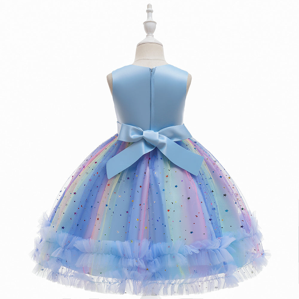Girls Blue Floral Embellished Sleeveless Applique Party Balloon Midi Dress