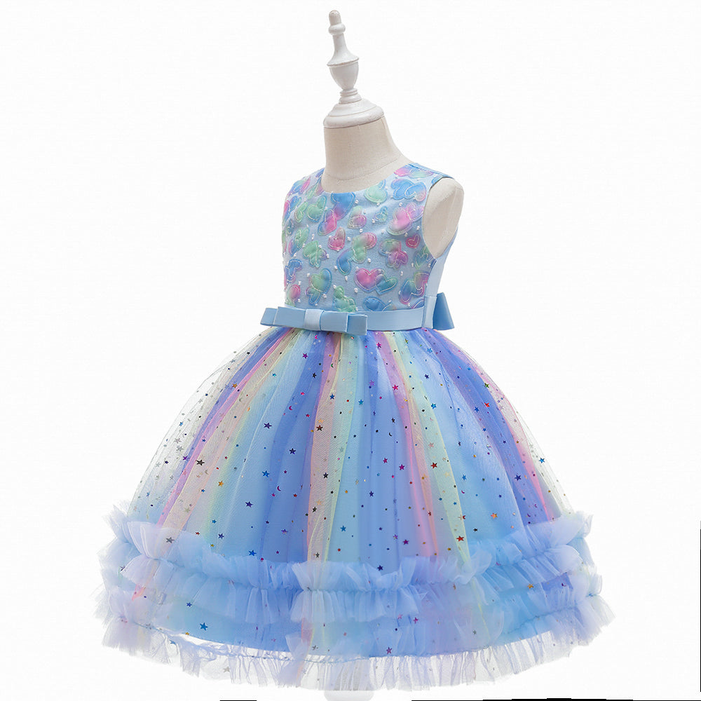 Girls Blue Floral Embellished Sleeveless Applique Party Balloon Midi Dress