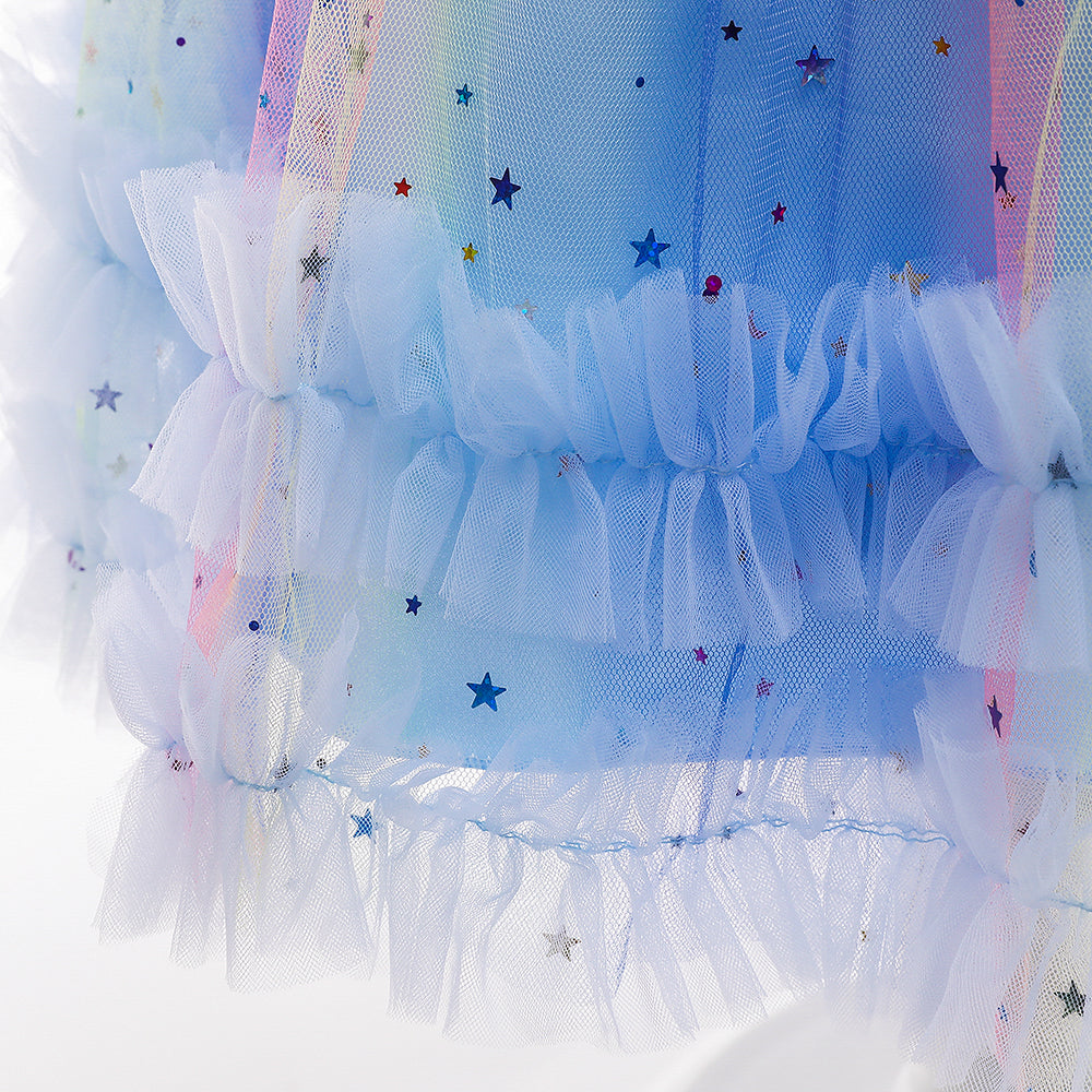 Girls Blue Floral Embellished Sleeveless Applique Party Balloon Midi Dress