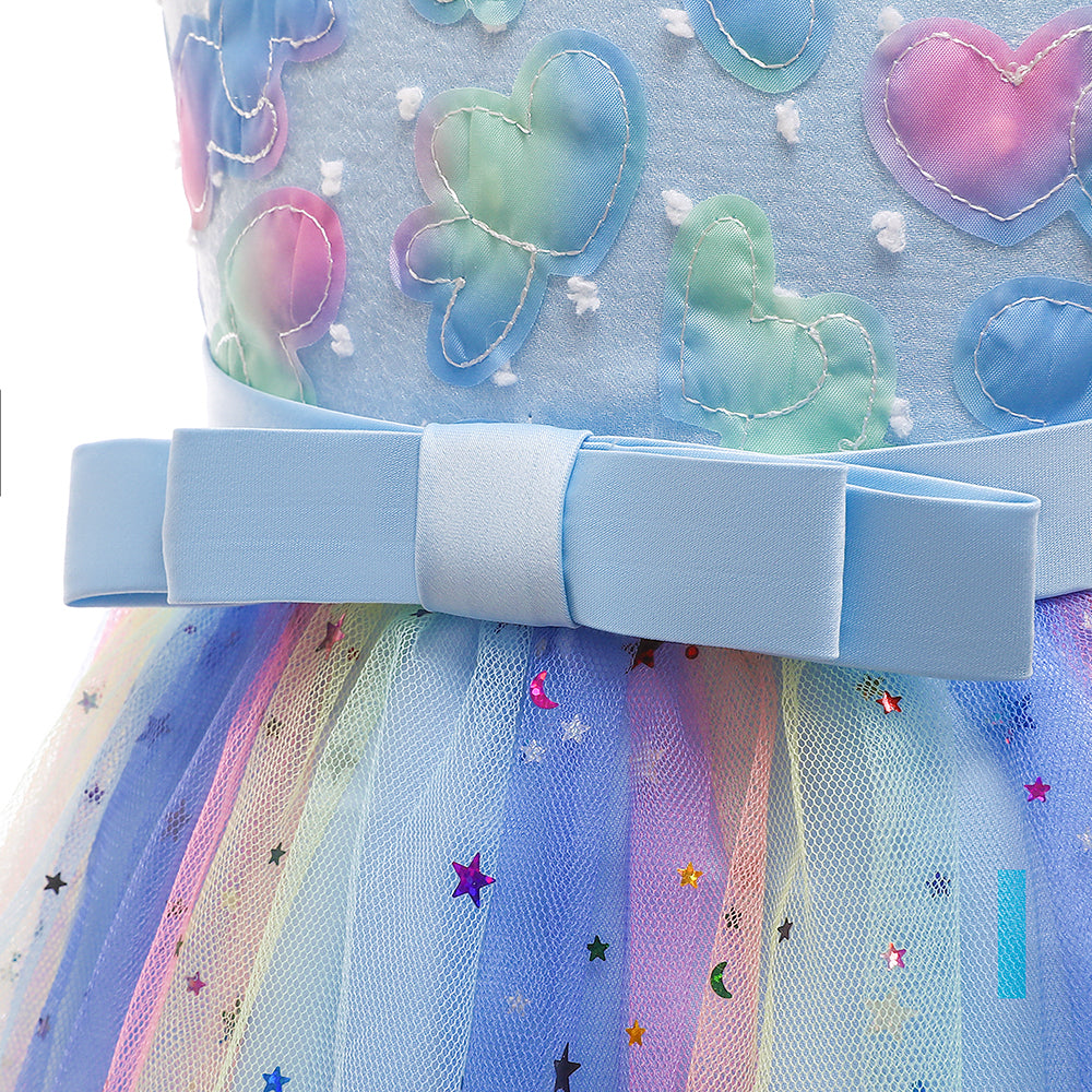 Girls Blue Floral Embellished Sleeveless Applique Party Balloon Midi Dress