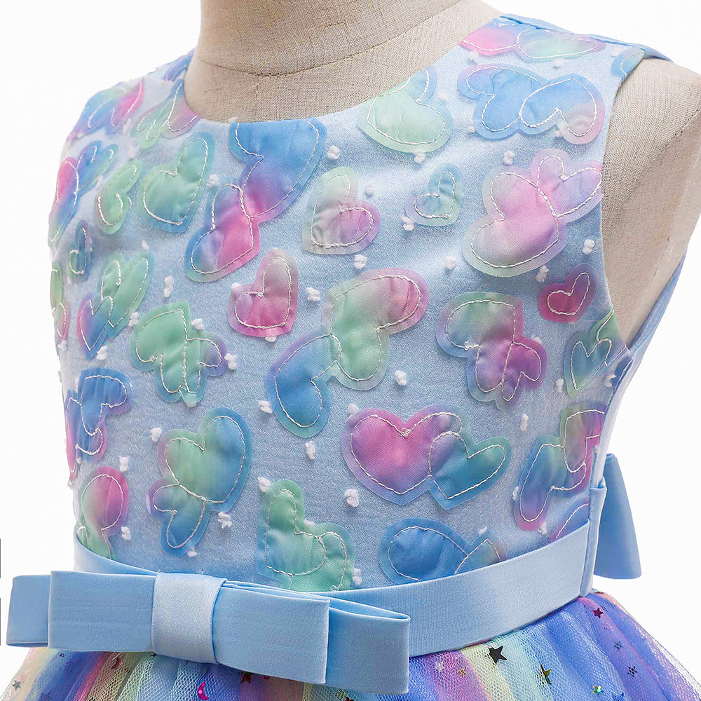 Girls Blue Floral Embellished Sleeveless Applique Party Balloon Midi Dress