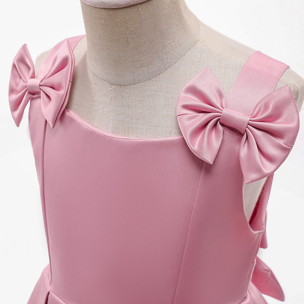 Girls Pink Shoulder Straps Bow & Gathered Detail Fit & Flare Dress