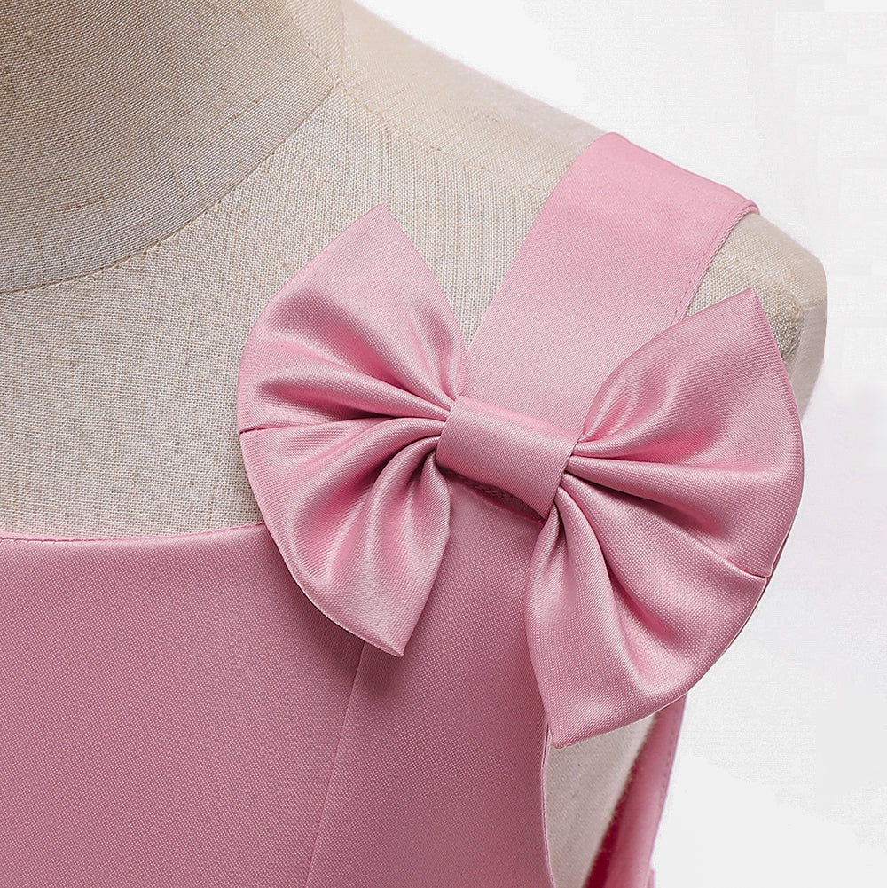 Girls Pink Shoulder Straps Bow & Gathered Detail Fit & Flare Dress